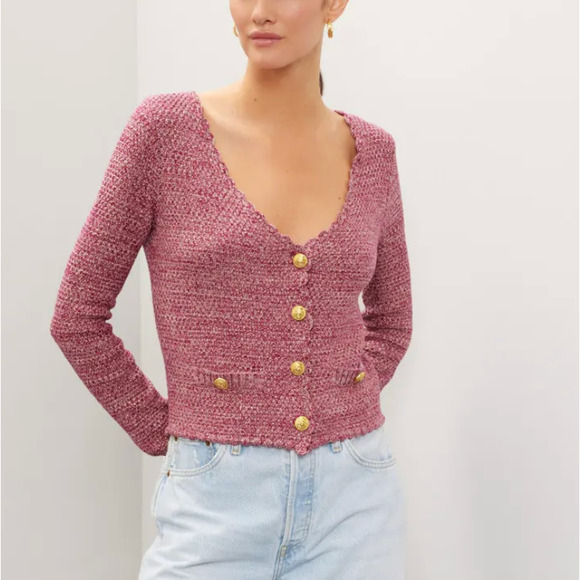 Rachel Parcell Bugundy Pink Tweed Sweater MEDIUM Boucle Preppy Cardigan $108 - Picture 1 of 11